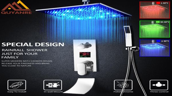 Quyanre conjunto de torneiras de chuveiro digital com 3 funções, cabeça de chuveiro com cascata de led, torneira misturadora digital de 3 vias, chuveiro de banheiro3147327