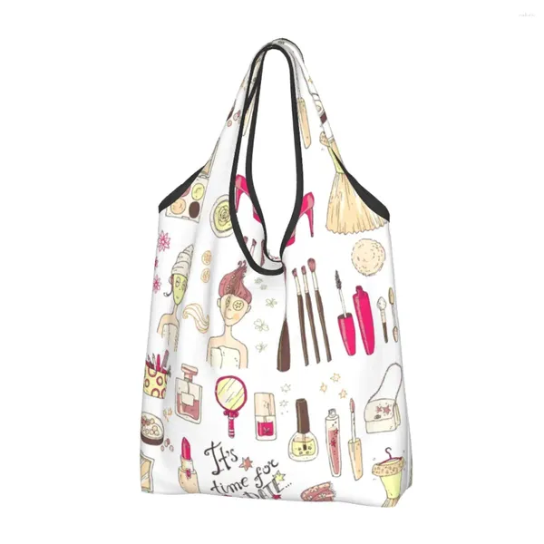 Sacos de compras dos desenhos animados menina ferramentas cosméticas unha polonês saco de compras moda shopper tote ombro grande capacidade bolsa portátil