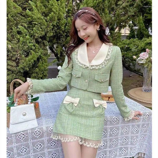Vestidos de trabalho tweed mini vestido elegante e bonito estilo coreano 2 peças roupas de duas peças conjunto saia feminina conjuntos de correspondência roupa de aniversário