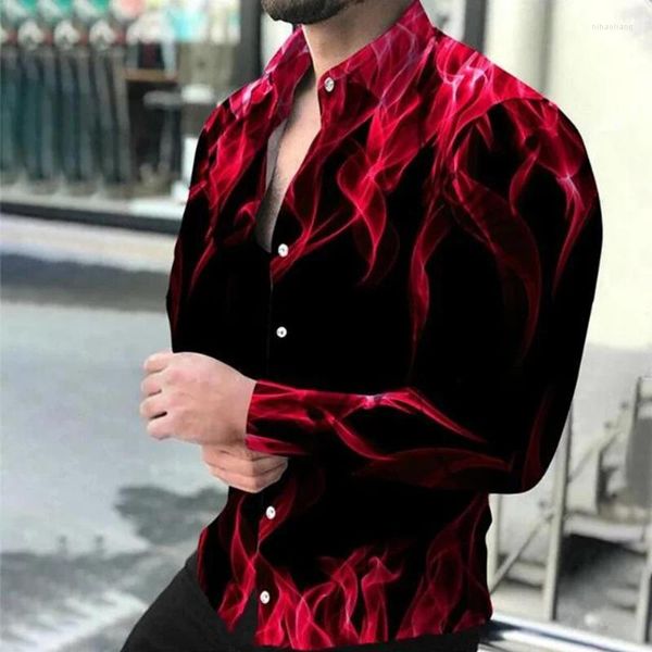 Camisas casuais masculinas chama homens e mulheres diariamente tops amantes moda rua ao ar livre azul vermelho lapela botão camisa camisas de alta qualidade