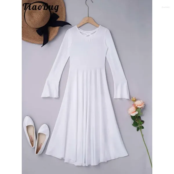 Palco desgaste crianças meninas branco louvor litúrgico vestido de comprimento completo menina manga longa lírica dança de salão igreja adoração cristã