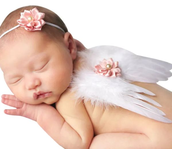 Bebê recém-nascido artesanal pena asa com flor bandana foto conjunto infantil cosplay traje fotografia adereços crianças asas de anjo bj