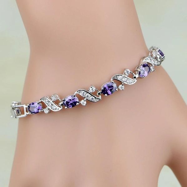 Pulseiras de prata cor jóias místico roxo zircônia cúbica branco CZ charme pulseiras para mulheres caixa de presente grátis