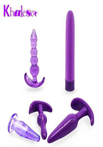 Khalesex 5 pezzi set vibratore anale silicone giocattoli adulti del sesso per donna butt plug giocattoli per coppie perline gancio dito masturbatore S10189026079