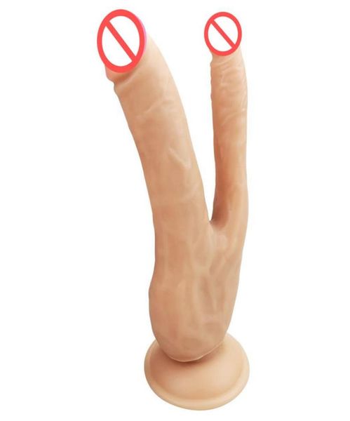 Realistico doppio attacco con ventosa giocattoli del sesso per le donne grande pene doppio lato testa dildo Dong stimolatore del clitoride C135154120