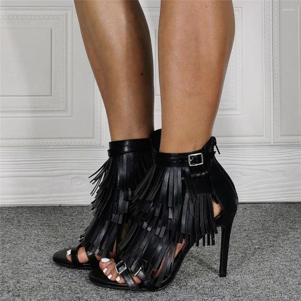 Sandálias sólida peep toe moda preto franja decoração bombas de volta zíper sandalias para mulheres stiletto salto alto tornozelo fivela punk