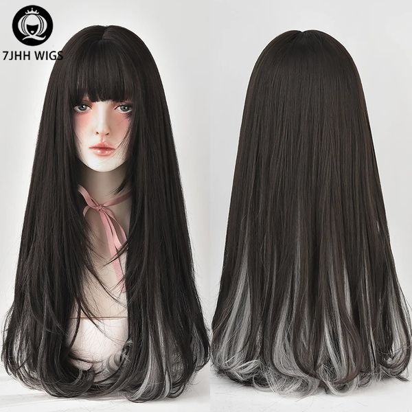 7JHHWIGS Longo Reto Preto Ombre Ash Peruca Com Franja Para As Mulheres Moda Diária Sintético Solto Colorido Perucas de Cabelo Borgonha 240110