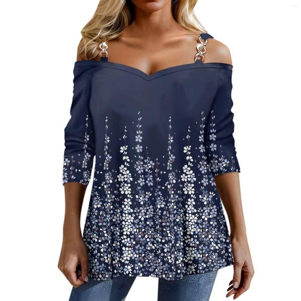 T-shirt da donna Camicia per donna Camicette con stampa floreale a maniche lunghe T-shirt casual con spalle scoperte sexy Moda elegante Y2k Abiti stile top