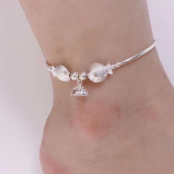 Cavigliere in argento sterling 925 piccoli pesci gomito cavigliera gioielli per donne ragazze carino loto campana perline bracciali su gamba piede ornamento JL006