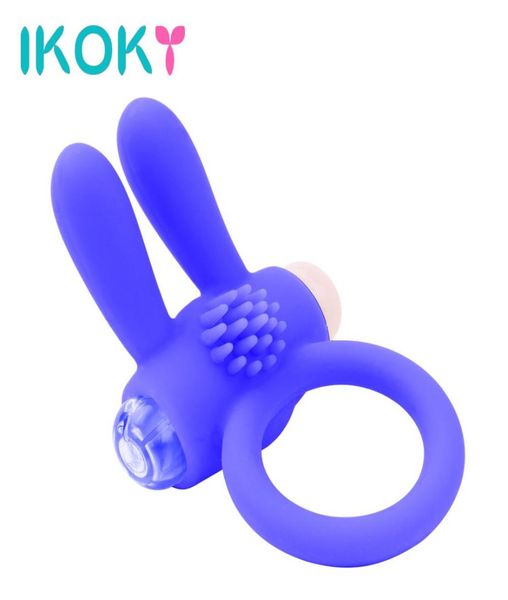 IKOKY Cock Ring vibratore Coniglio Potente giocattoli del sesso per il pene Ritardo Eiaculazione Vibrante Anello per pene Men039s Prodotto per adulti Silic1653466