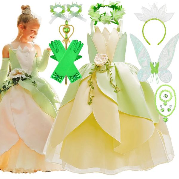 Tiana cosplay traje para meninas fantasia princesa o sapo vestido carnaval festa de aniversário crianças vestido de baile roupas 211 240109