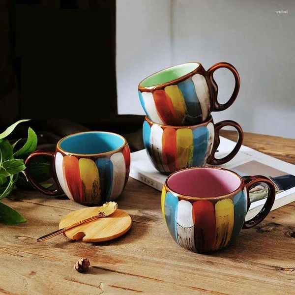 Tazze Tazza da caffè creativa dipinta a mano da 350 ml Tazza in ceramica con coperchio in legno Cucchiaio Cafe Bar Bicchieri Home Office Colazione