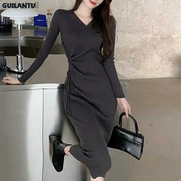 Grundlegende Casual Kleider Koreanischen Stil Frühling Herbst Gestrickte Frauen 2023 V-ausschnitt Langarm Verband Bodycon Strickkleid Elegante Vintage YQ240110