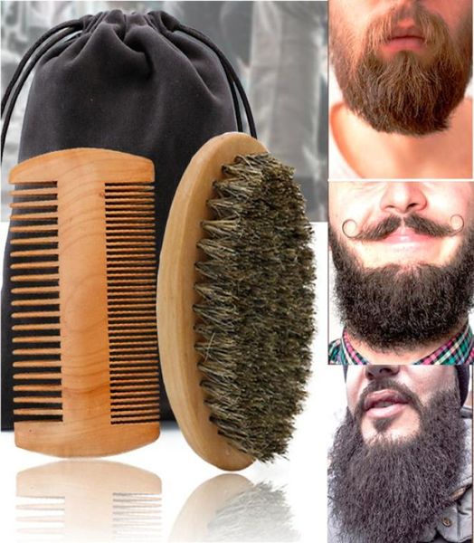 Spazzola per barba in legno con setole morbide di cinghiale di alta qualità Strumento per rasatura per parrucchiere Kit pettine per baffi da uomo con sacchetto regalo Set pettine per barba9114755