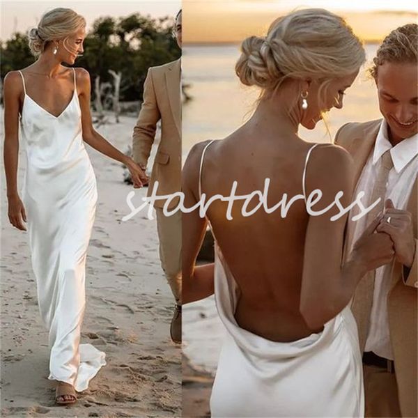 Einfaches Strandhochzeitskleid aus Seidensatin, sexy Spaghettiträger, bodenlang, Boho-Brautkleid, rückenfrei, Land-Brautkleider für Damen 2024. Atemberaubender Sonnenaufgang