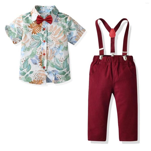 Комплекты одежды для маленьких мальчиков, рубашка с короткими рукавами и цветочным принтом, топы, красные штаны с галстуком, детская одежда джентльмена, смокинг для маленьких мальчиков 3, 6 лет