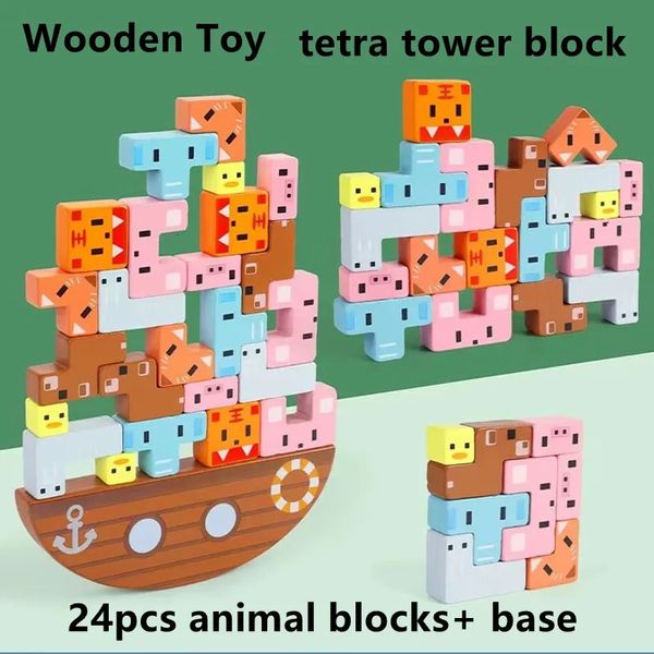 Baby Tier Holzspielzeug Balance Spiel Montessori Holz Stapelbaustein Tetra Tetris Turm 24 Stück Spielzeug für Kinder 240110
