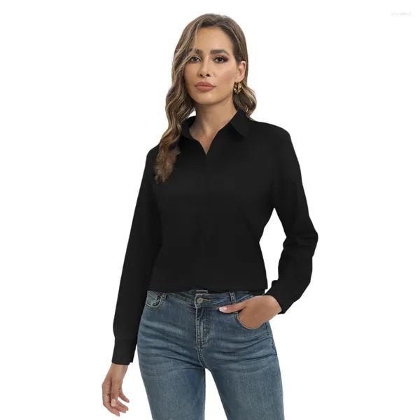 Polo da donna Camicie abbottonate Camicette a maniche lunghe Colletto casual con scollo a V Top da lavoro d'ufficio S-5XL Taglie forti