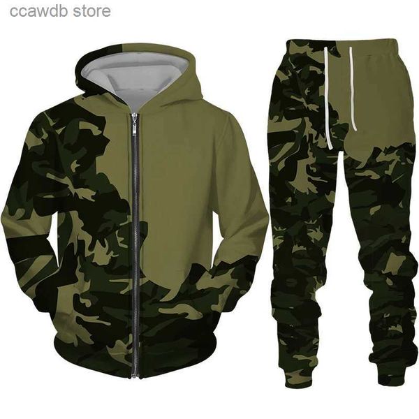 Tute da uomo Moda Camouflage Stampa Cerniera da uomo Felpa con cappuccio/Pantaloni/Tuta da esterno Abbigliamento sportivo militare Tuta Set Casual Caccia Abbigliamento da campeggio T240110