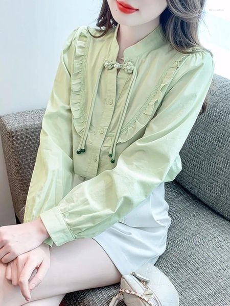 Blusas femininas estilo chinês camisa de manga longa primavera outono 2024 design retro nicho nó botão topo blusa verde