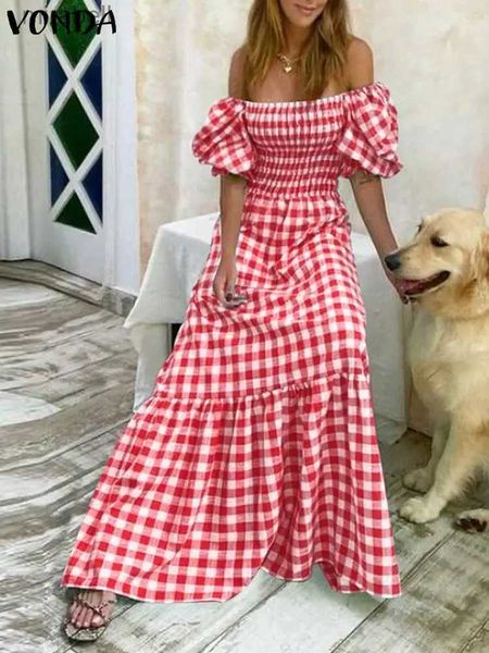 Grundlegende Freizeitkleider VONDA Bohemian Kleid Frauen Sommer Kurze Puffärmel Plaid Maxi Lange Sommerkleid 2023 Sexy Quadrat Kragen Party Strand robe YQ240110