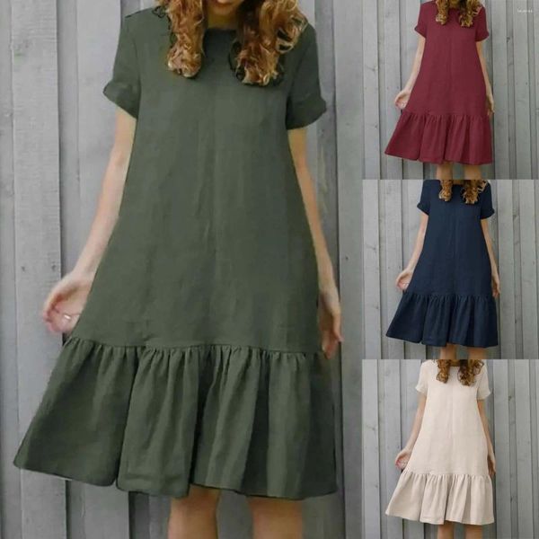 Vestidos casuais feminino elegante solto emagrecimento manga curta em torno do pescoço algodão e linho sólido babados envoltório vestido túnicas para mulheres