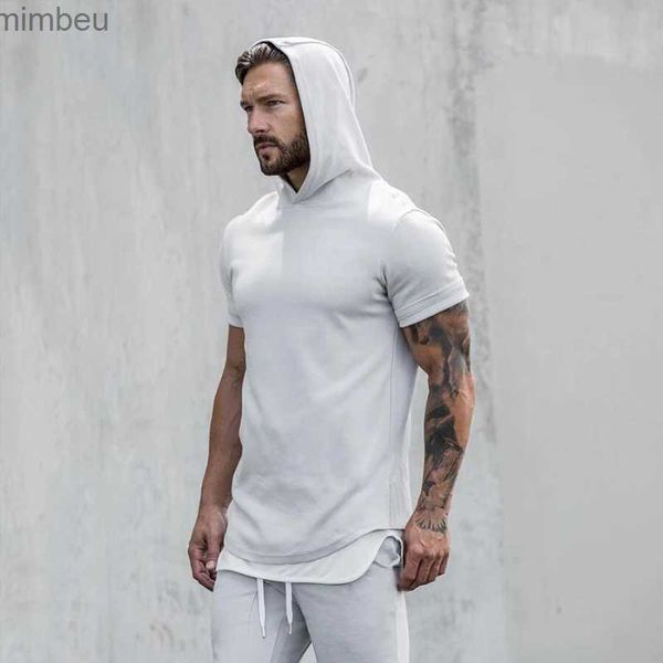 Homens camisetas Mens Bodybuilding Hoodies Ginásios Com Capuz Manga Curta Fitness Roupas Camisa Muscular Algodão Slim Sólido Algodão Pulôver Moletom L240110