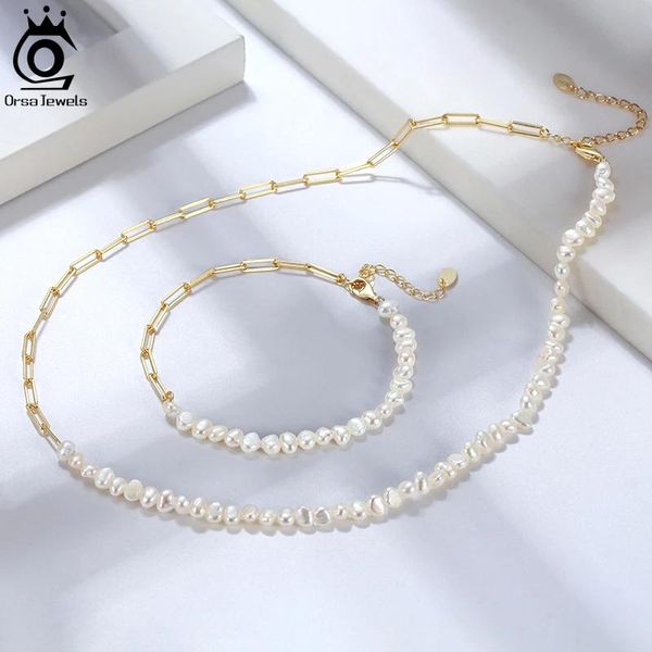 Colares ORSA JÓIAS Moda 925 Sterling Silver Paper Clip Chain Pearl Colar Vintage Chunky Link para Mulheres Chain Jewelry GPN13