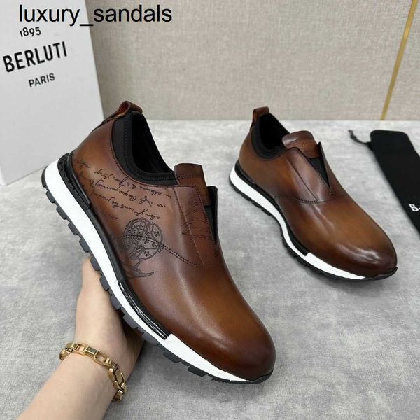 Berluti Business Leather Shoes Oxford Calfskin Handmade Top Quality Low Top Sports Scritto Pattern One Step Sneakerwq