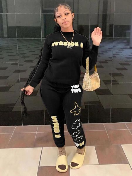 Anzüge Brown Letter Print zweiteiliger Sportanzug Frauen Tracksanzug Langarm Workout Sweatshirt und Jogger Pant Loungewear Club Outfits