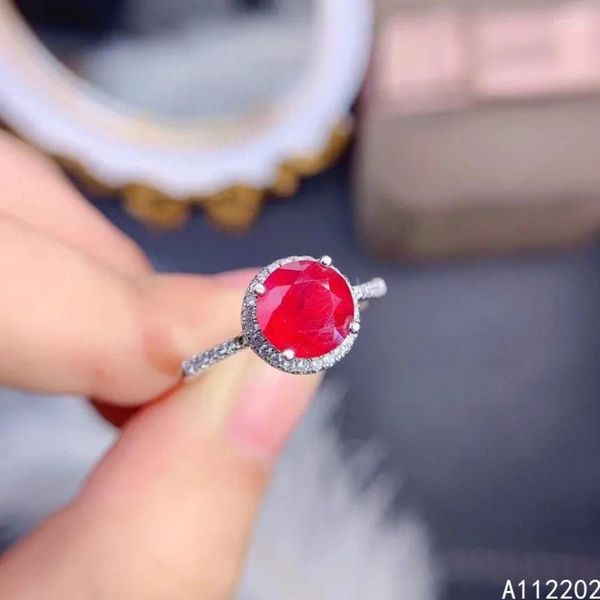 Anéis de cluster vintage clássico natural rubi anel 925 prata esterlina incrustado feminino vermelho gemstone redondo nupcial casamento festa de noivado gif