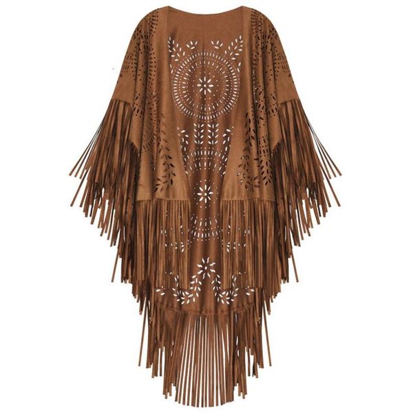 Scialli Cammello Pelle scamosciata Floreale Scava fuori Frange Scialle con nappe Donna Mantelle vintage Poncho Autunno Cardigan boemo Mantello Boho 230201241D