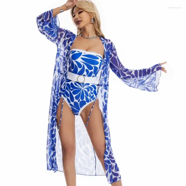 Vestidos de trabalho dois conjuntos de 2 peças roupa feminina moda verão impresso um biquíni malha blusa praia natação combinando 2024