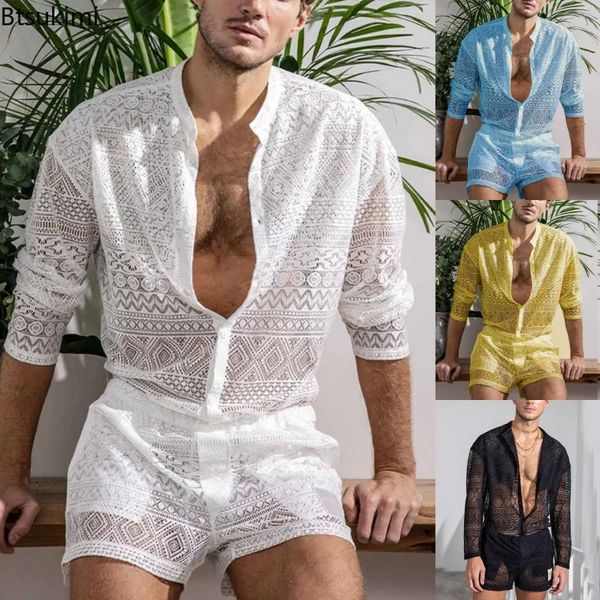 Conjunto de ternos de duas peças masculinos de verão, roupas transparentes de renda, praia, estampa lisa, manga comprida, tops e shorts, conjunto masculino 240110