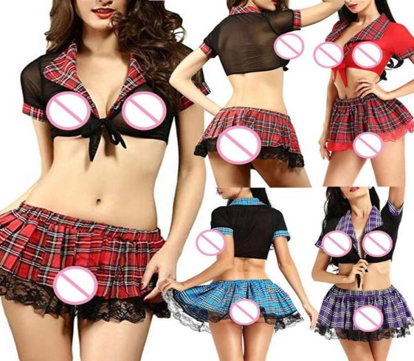 Massagem Sexy Lingerie Set estudante cosplay Moda Feminina Sexy Saia Xadrez Roupa Interior Conjunto de Renda GravataTemptação jovem menina da escola Un9162074