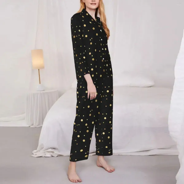 Mulheres sleepwear pijamas mulheres bolinhas de ouro diário nightwear vintage impressão duas peças retro conjunto manga longa na moda oversized casa terno