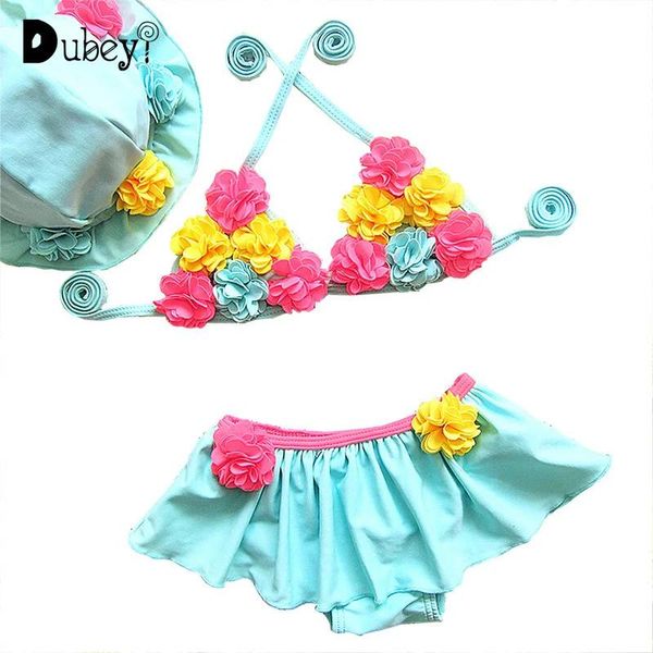 Conjunto de roupa de banho para meninas com suspensórios de flor, biquíni de natação para bebês, azul, rosa, 3 peças, roupa de banho para bebês