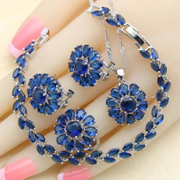 Set Set di gioielli in argento 925 con zirconi blu con design floreale per donne Orecchini da sposa Bracciale Anelli Collana Ciondolo Miglior regalo per feste