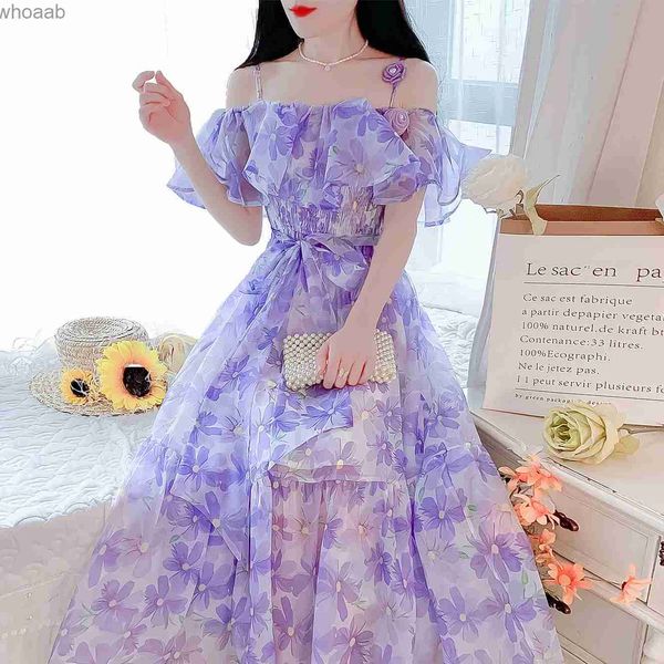 Vestidos casuais básicos verão roxo impresso chiffon vestido longo casual floral vestido de festa elegante moda vestidos de fadas para mulheres vestidos doces robe yq240110