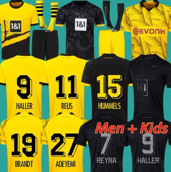 Haller Futbol Formaları Reus 2023 2024 Borussia Erkek Kids Kitleri Futbol Futbol Üstü Gömlek Neongelb Hummels Brandt Dortmund Erkek Çocuklar Özel Kit Tüm Siyah Maillot De Foot