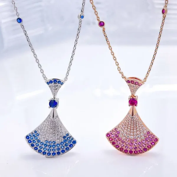 Anhänger Halsketten Mode Exquisite Frauen Dame Halskette Inlay Blau Rosa Zirkon Rock Fächerförmige Überzogene Gold Farbe Schlüsselbein Kette