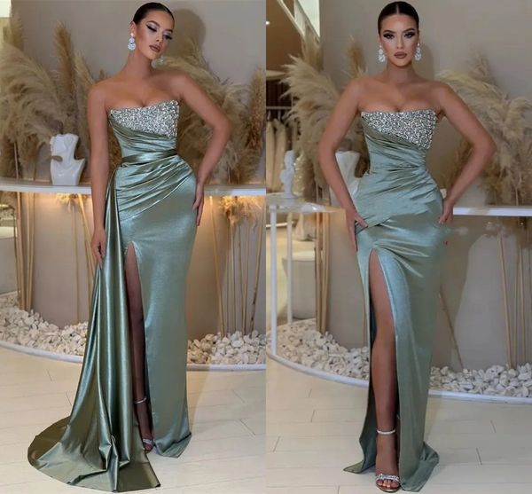 Luxo sereia vestido de noite 2024 com trem destacável strapless beading plissados lado fenda seda cetim baile formal vestidos de festa robe de soiree vestidos de gala