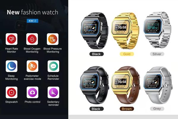 Relógios KW18 Super Slim Smart Watch Fit Homens Mulheres Lembrete de Chamada Monitor de Freqüência Cardíaca Quadrado Pulseira Esportiva Inteligente para Android IOS iPhone