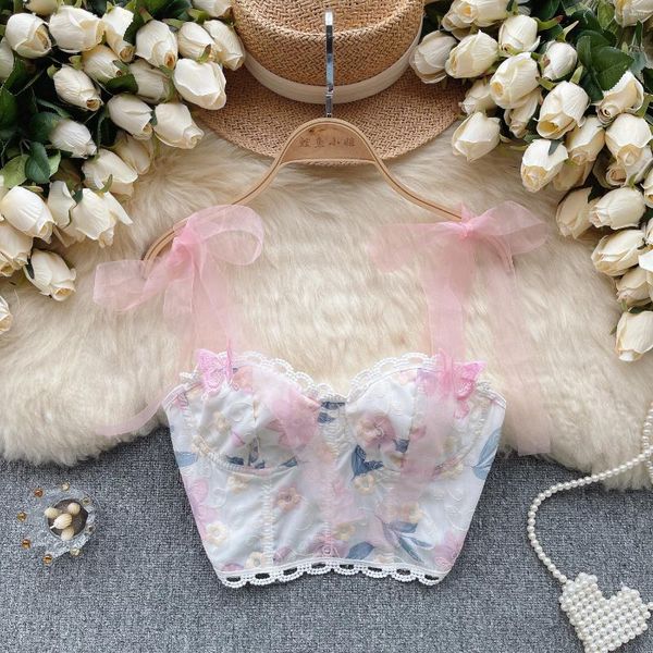 Tanques femininos francês romântico camisola bordado floral impresso topo rendas lindo doce fairycore namoro fita com tiras espartilho