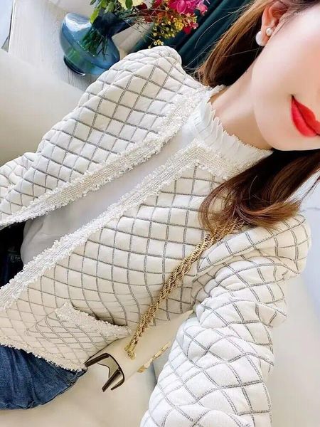 Jaquetas femininas outono e inverno francês tweed xadrez jaqueta senhoras em torno do pescoço manga comprida casaco cardigan