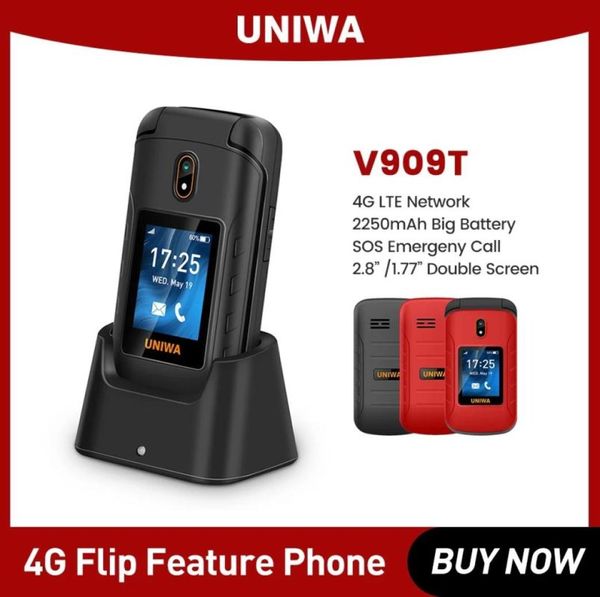 Kilitsiz Uniwa V909T 4G Flip Telefon FM Radyo Büyük Klavye Camshell Cep Telefonu Eski PE8350140 için Büyük Pushbutton Çift Ekran Cep Telefonu