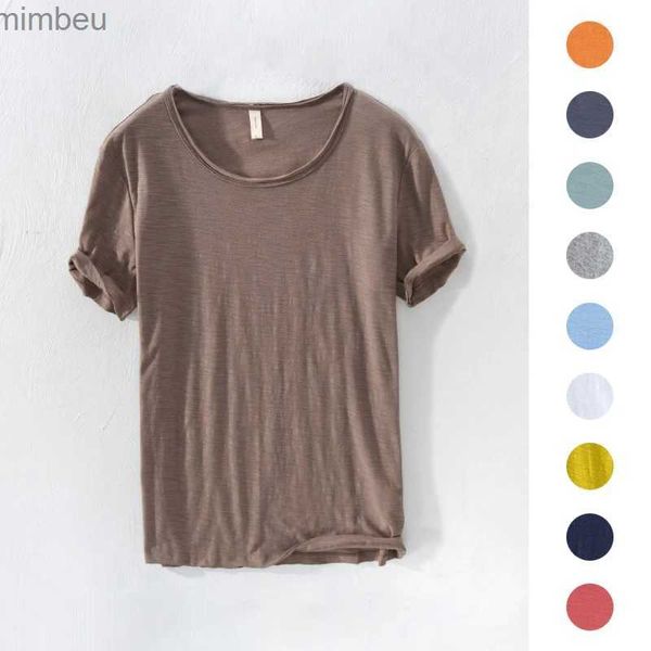 T-shirt da uomo T-shirt colorata con bordo R retrò in cotone 100% per uomo -Leggera e traspiranteT-shirt colorata casual con scollo a tinta unita slim fit -Top basicL240110