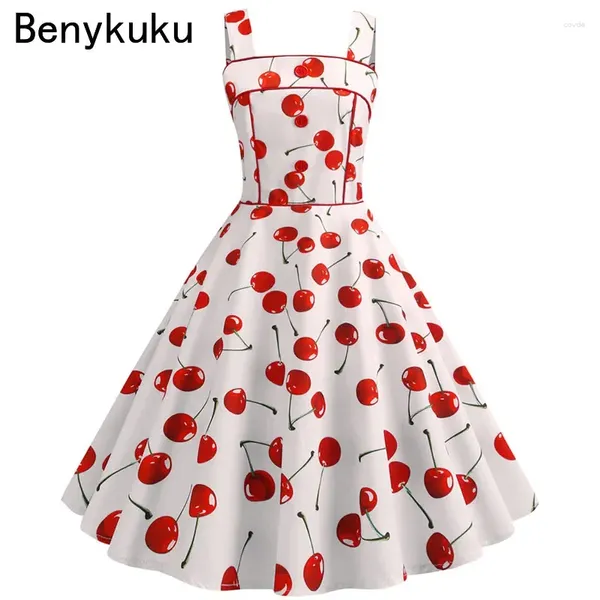 Sıradan Elbiseler Seksi Vintage Kiraz Baskı Yaz Elbise Kadınlar 2024 Retro Spagetti Kayışı Partisi 50s 60s Pin Up Rockabilly Robe Femme