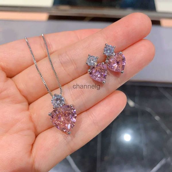 Stud 2020 Trend Romantico quarzo rosa a forma di cuore creato orecchini di moissanite/pendente/collana set di gioielli regalo per accessori donna YQ240110