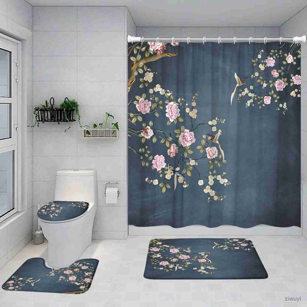 Cortinas de chuveiro floral pássaro cortina de chuveiro conjunto planta flores de lótus estilo chinês casa decoração de banheiro antiderrapante tapete de banho tampa de vaso sanitário